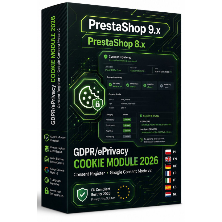GDPR/ePrivacy Cookie-Modul 2026 für PrestaShop 8 und 9 - Einwilligungsregister, Google Consent Mode v2