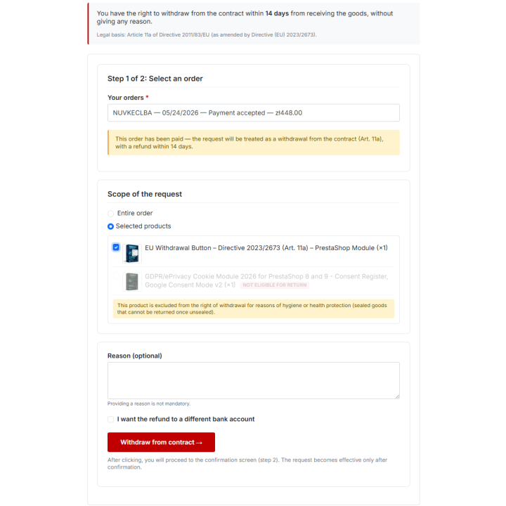 Herroepingsknop voor PrestaShop | EU-richtlijn 2023/2673
