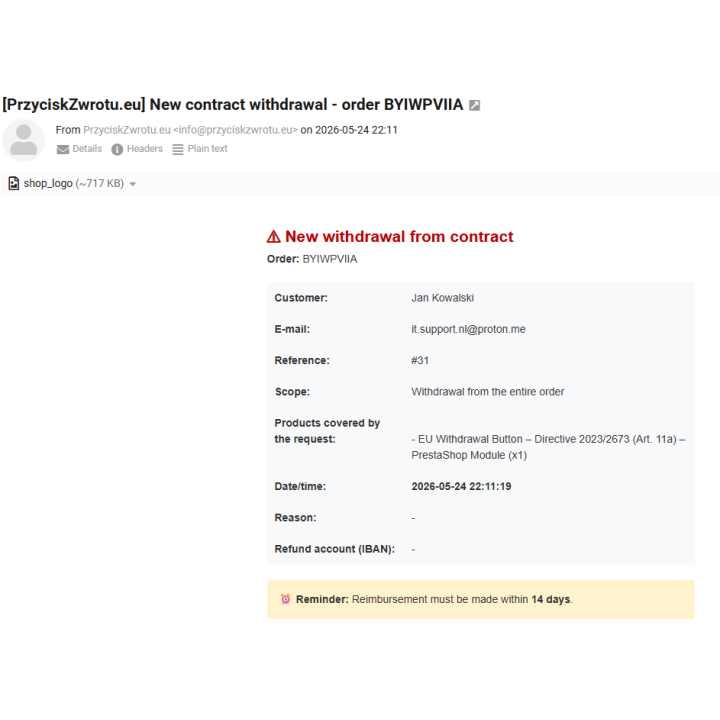 Widerrufsbutton für PrestaShop | EU-Richtlinie 2023/2673