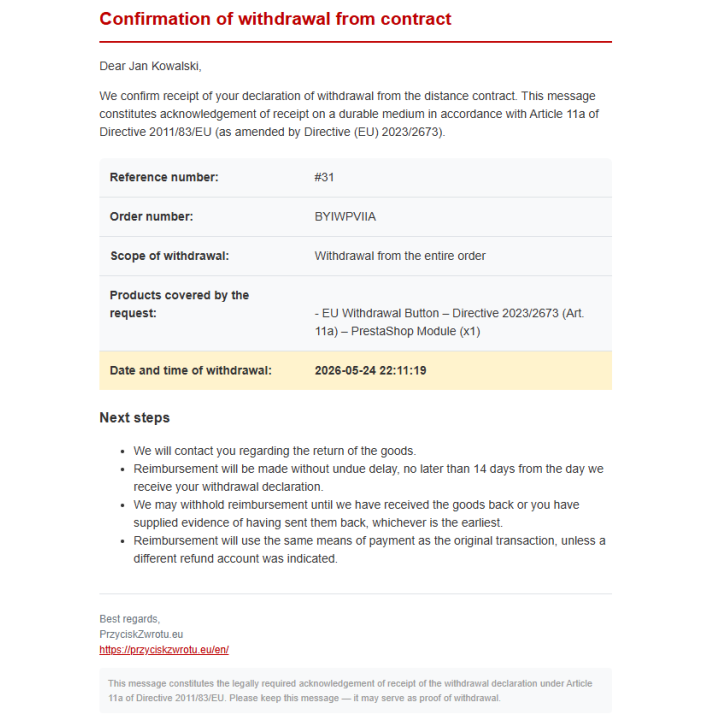 Bouton de rétractation PrestaShop | Directive UE 2023/2673